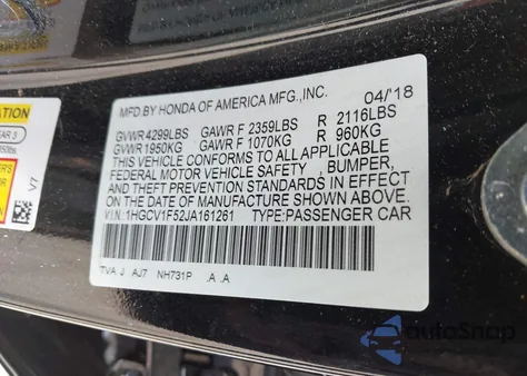2018 Honda Accord Ex-L z USA, uszkodzony, nr VIN 1HGCV1F52JA161261
